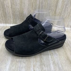 Memphisto Black Suede Leather Peep Toe Mules Slip On Clogs Shoes Womens EU39 US9